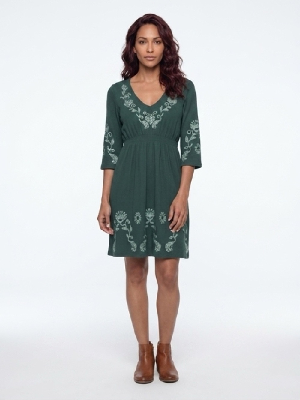 Roper Forest Green V-Neck Embroidered Midi Dress